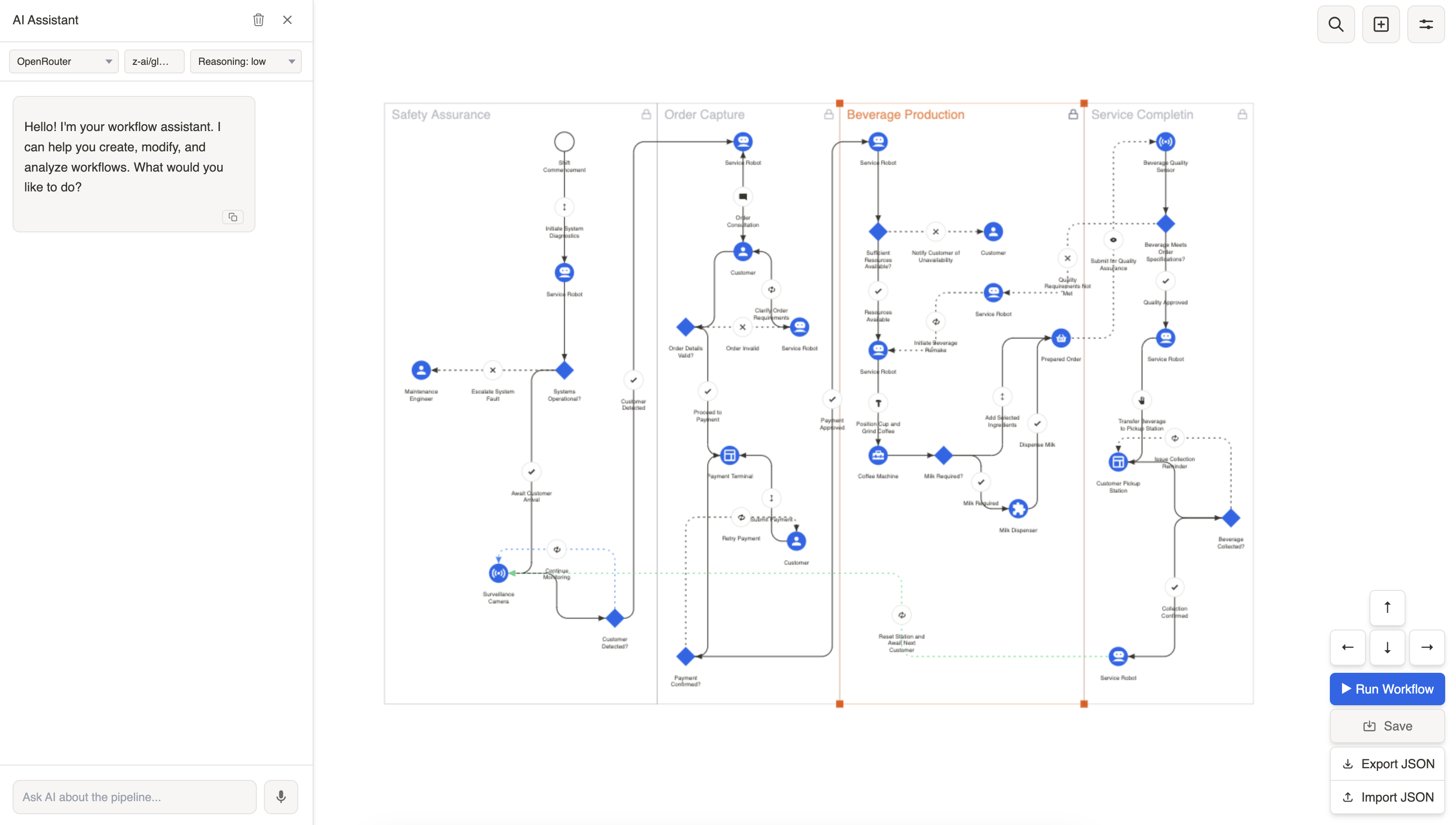 HoloSpace: visual workflow canvas with AI assistant, pipeline sections and execution controls